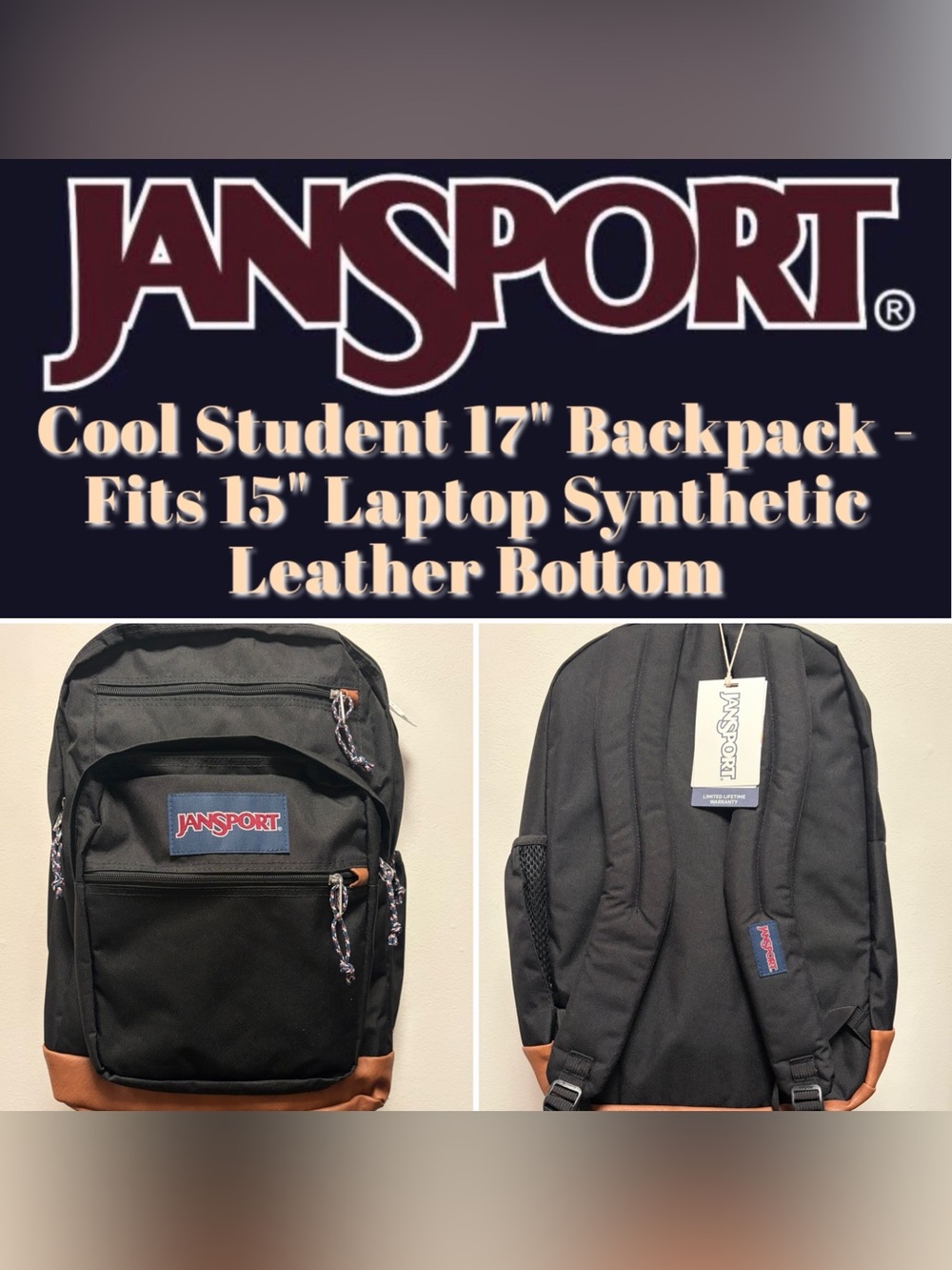 JanSport - Cool Student 17" Backpack in Black w/ Synthetic Leather Bottom - NWT